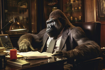 Image of business gorilla dressed in a suit sitting in armchair and working in office. Anthropomorphism