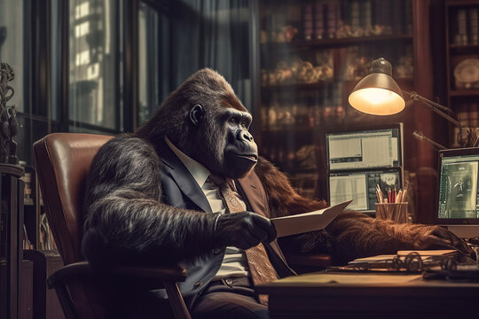 Image of business gorilla dressed in a suit sitting in armchair in office and working on the laptop. Anthropomorphism