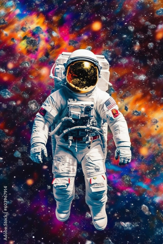 Poster astronaut floating among a cluster of colorful nebulae, with stars and galaxies shining in the backg