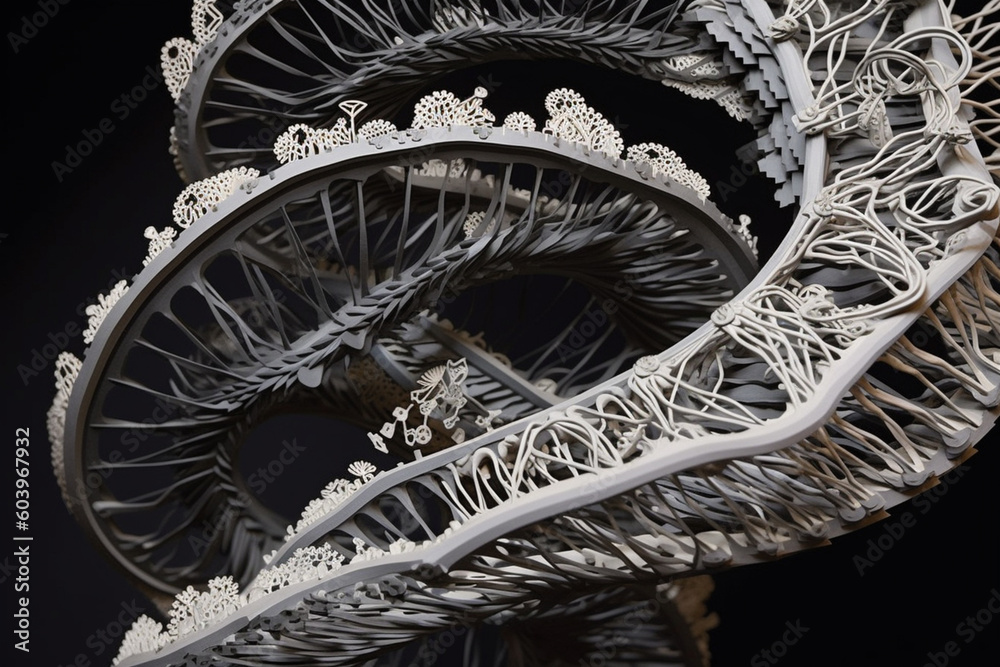 Poster dna double helix, with intricate cutouts representing the base pairs and the twisting structure of t