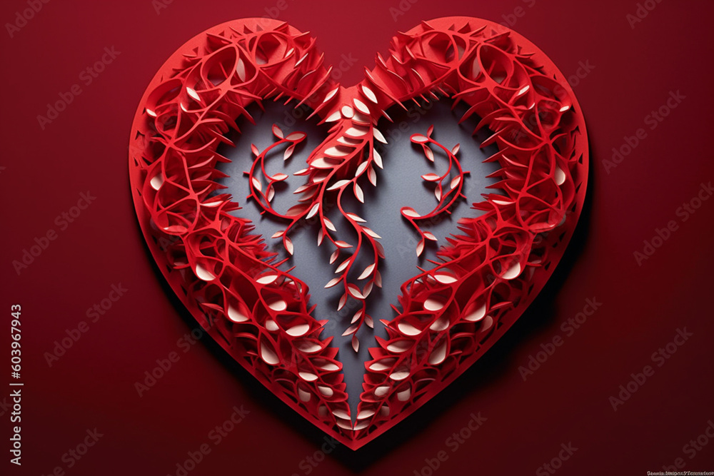 Poster A captivating paper-cut design of DNA helixes intertwining and forming a heart shape, symbolizing the connection between genetics and the essence of life and love. Generative AI technology.