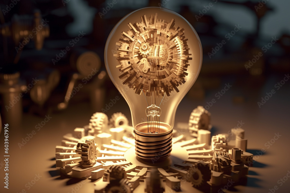 Poster an intricate paper-cut scene of a lightbulb surrounded by gears and machinery, symbolizing the intri