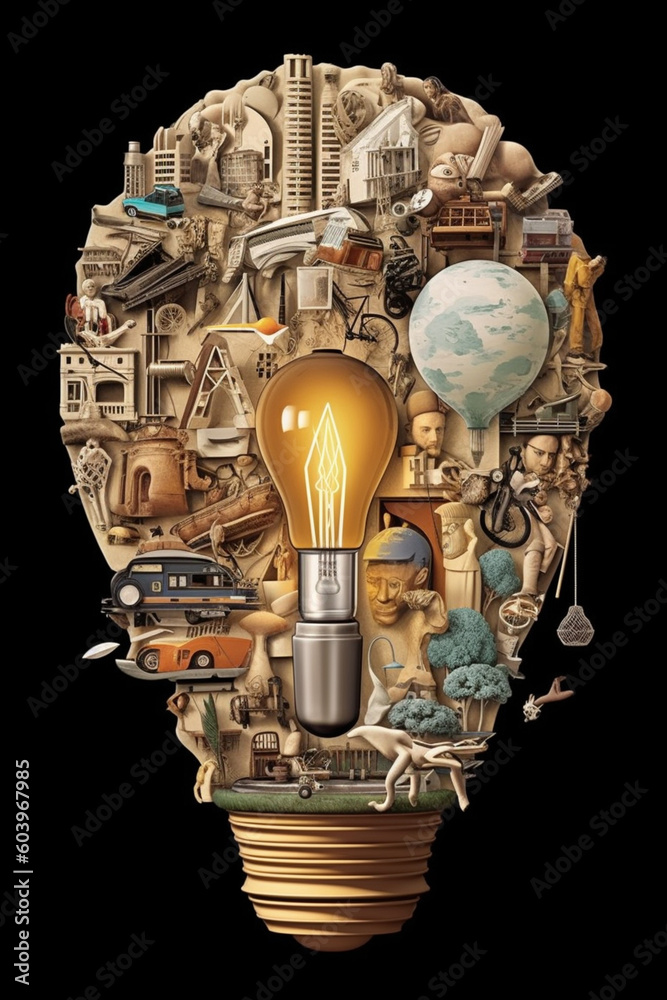 Poster a stunning paper-cut collage of various objects and symbols emerging from a lightbulb, representing 