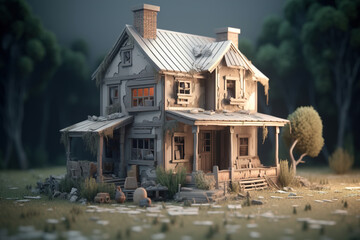 Destroyed abandoned residential building. Crisis, poverty, housing problems concept. Model illustration created by Generative AI
