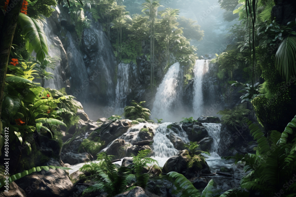 Poster cascading waterfall, with sparkling water droplets and lush vegetation that extends from the foregro