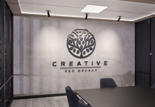 Logo Mockup On Office Wall with 3D Glossy Metal Effect