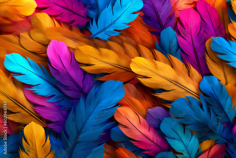 Poster An abstract representation of feathers with bold and vibrant colors, arranged in a geometric pattern to create a modern and dynamic texture. Generative AI technology.
