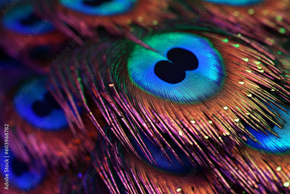Poster A close-up photograph of a peacock feather, with its iridescent colors and intricate patterns,  Generative AI technology.