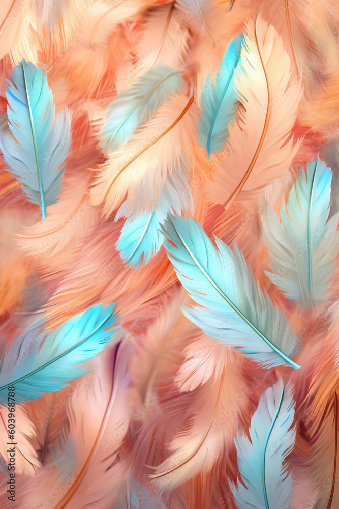 Poster A dreamy and whimsical feather background pattern texture, with feathers floating in a gentle breeze against a soft pastel-colored background, Generative AI technology.