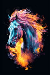 The vector illustration portrays a magnificent horse. Watercolor horse with a black background.