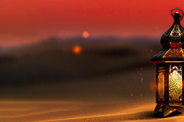 Fototapeta premium Ramadan arabic lantern with burning candle glowing at night muslim holy month ramadan kareem/. High quality 3d illustration Generative AI