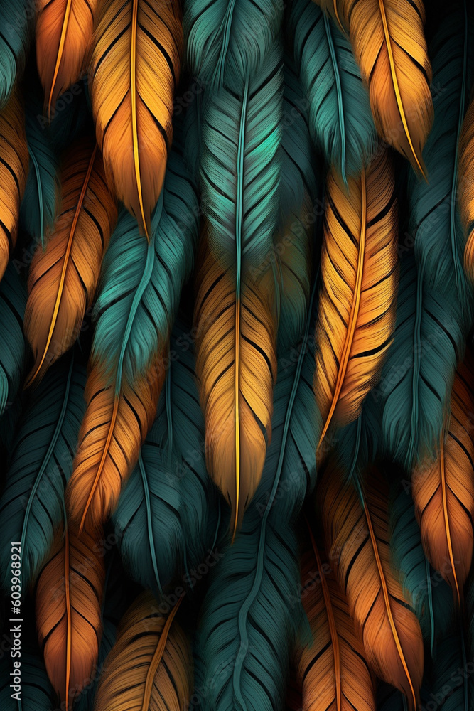 Poster A symmetrical feather background pattern texture, with feathers mirrored and repeated to create a balanced and harmonious composition Generative AI technology.