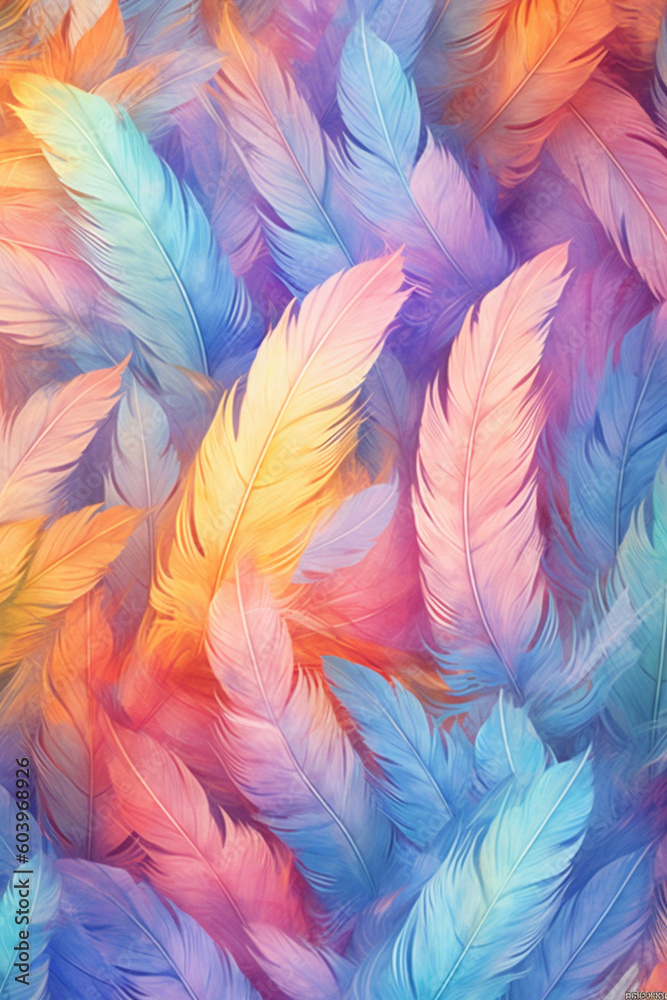 Poster A watercolor-style feather background pattern texture, with soft and blended hues, Generative AI technology.