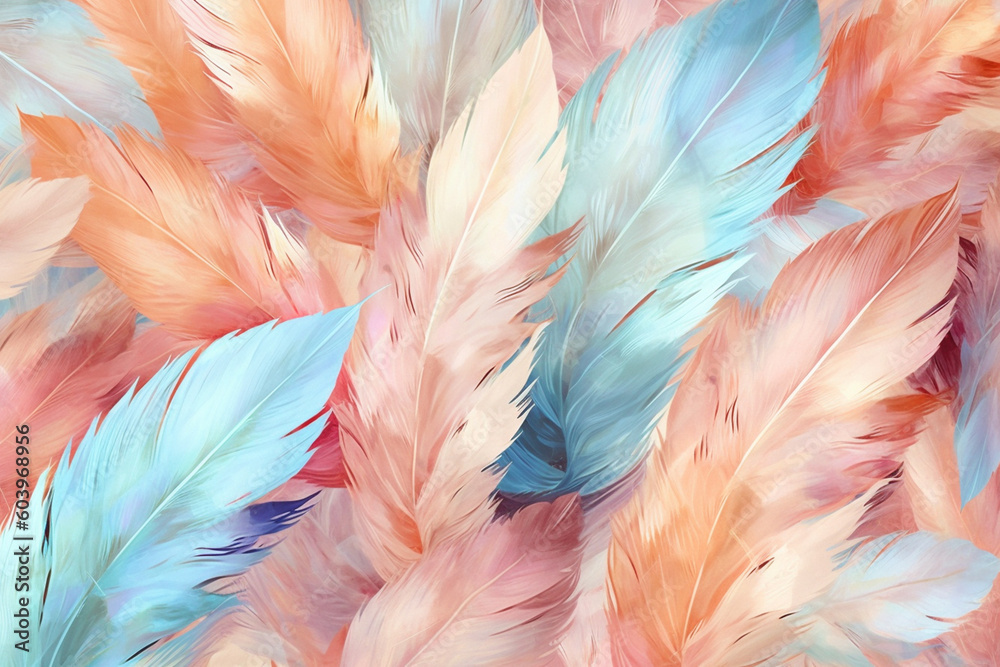 Poster a watercolor-style feather background pattern texture, with soft and blended hues, resembling a deli