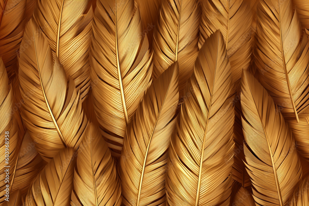 Poster A modern and sleek feather background pattern texture, with feathers in metallic tones and geometric shapes, Generative AI technology.