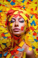 With yellow and red stickers. Close up view of a beautiful woman. Beautiful illustration picture. Generative AI