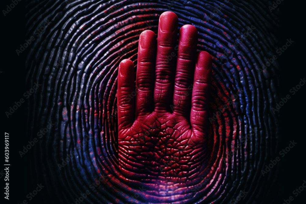 Fototapete A digitally manipulated fingerprint image, with distorted and surreal elements, creating an otherworldly and thought-provoking visual.  Generative AI technology.