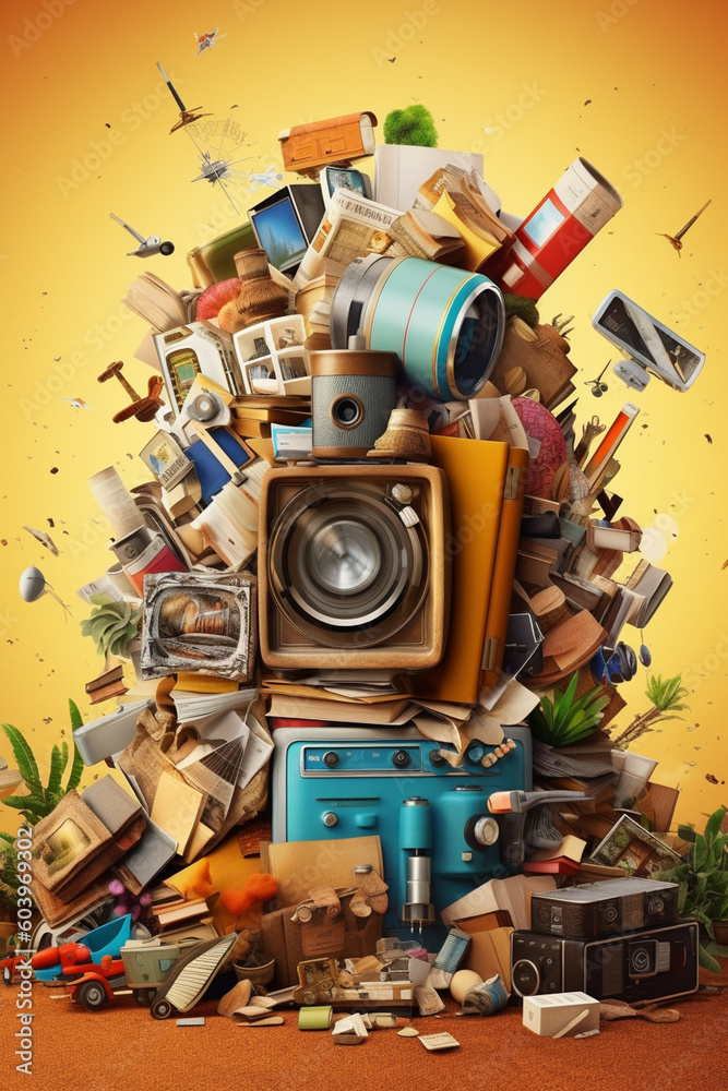 Poster a collage of recycled materials and items, highlighting the importance of recycling and reducing was