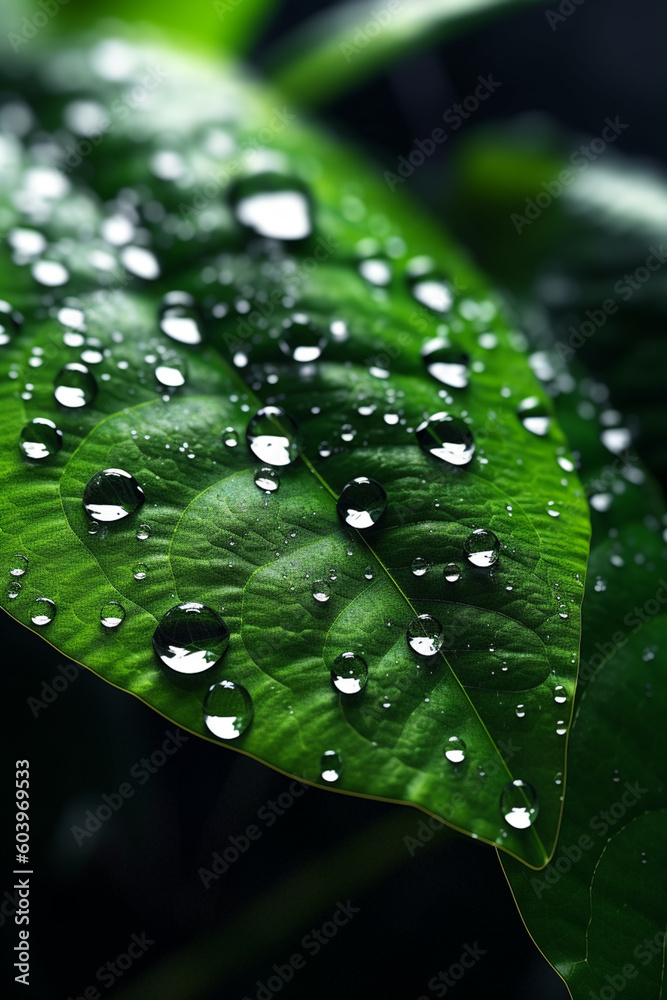 Poster a close-up image of water droplets cascading down a leaf, showcasing the mesmerizing and refreshing 