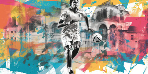 Soccer player with ball. Contemporary art collage. Beautiful illustration picture. Generative AI