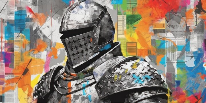 Medieval warrior in armor. Contemporary art collage. Beautiful illustration picture. Generative AI