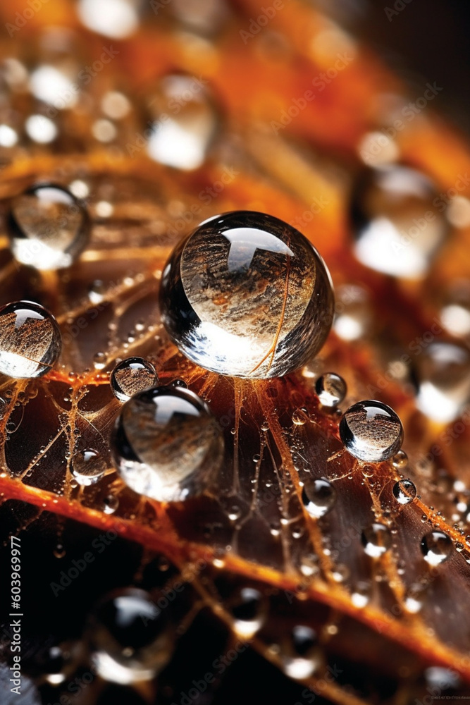 Poster frozen dewdrops on a spider's web, showcasing the delicate and intricate structures formed by frozen water droplets. Generative AI technology.