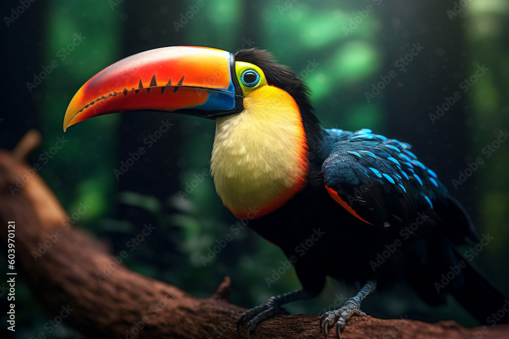Poster A close-up shot of a colorful toucan perched on a branch, with its vibrant feathers and distinctive beak stealing the spotlight. Generative AI technology.