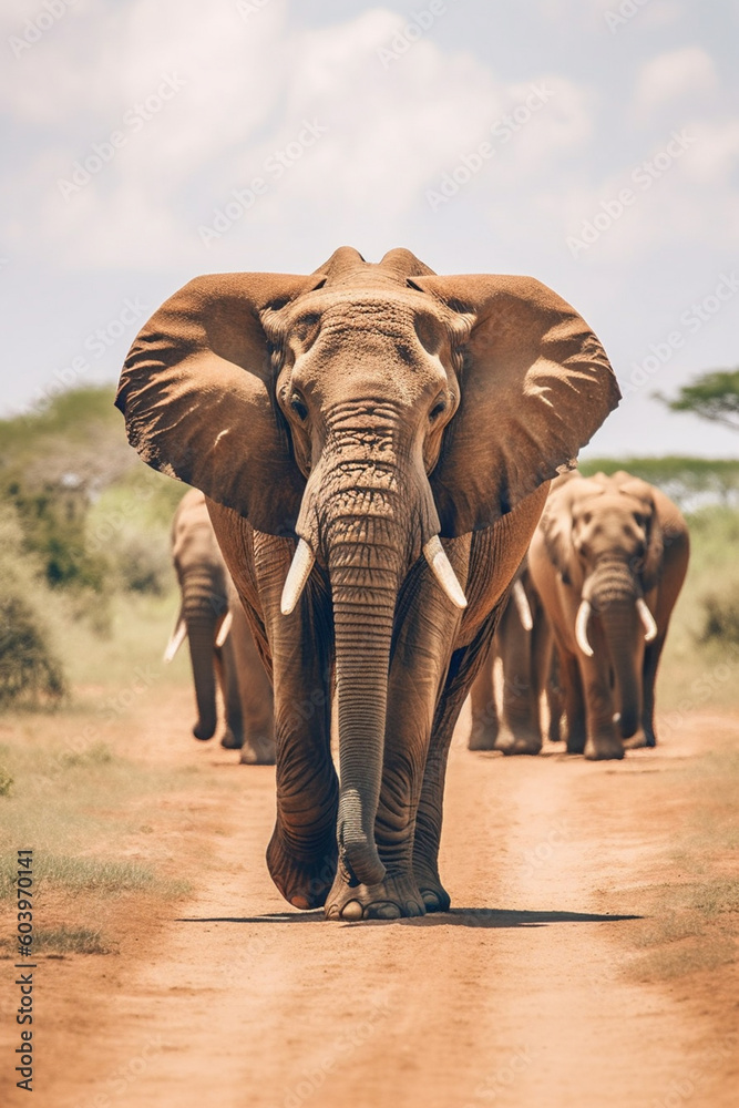 Poster a group of elephants walking in a line across the african plains, highlighting their strong social b