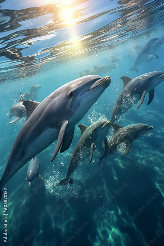 Aufkleber a pod of dolphins swimming in perfect synchrony, creating a sense of harmony and unity in the vastness of the ocean. Generative AI technology.