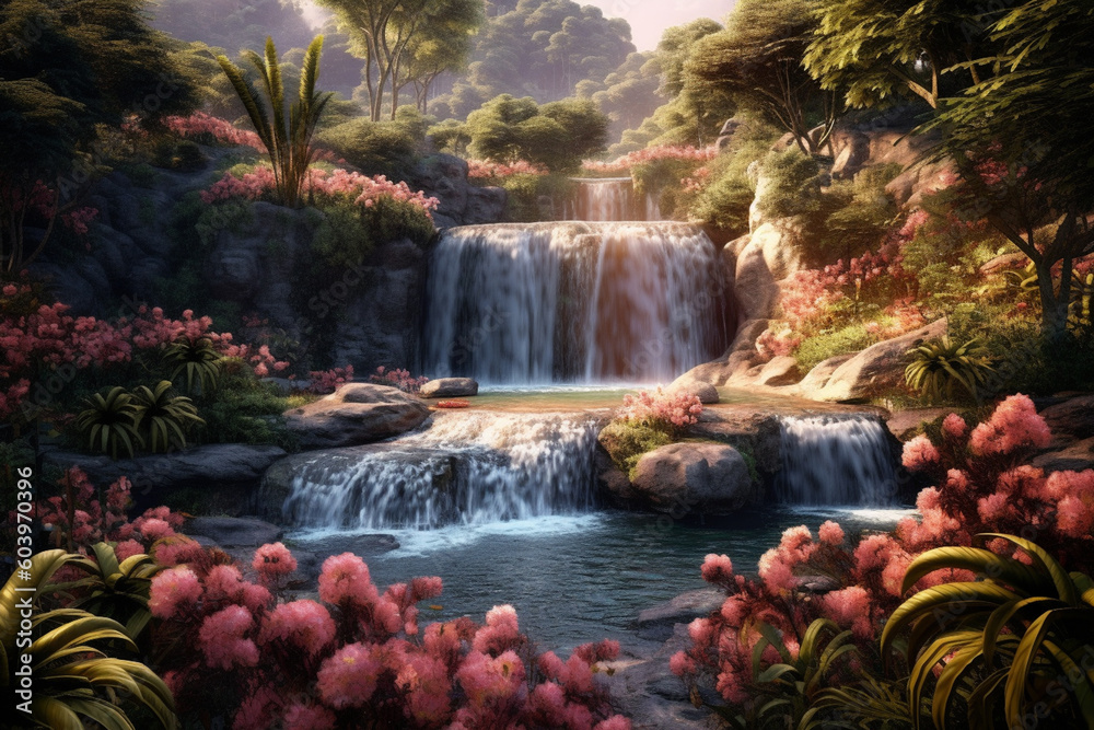 Poster a cascading waterfall surrounded by lush greenery and blooming flowers, creating a tranquil and sere