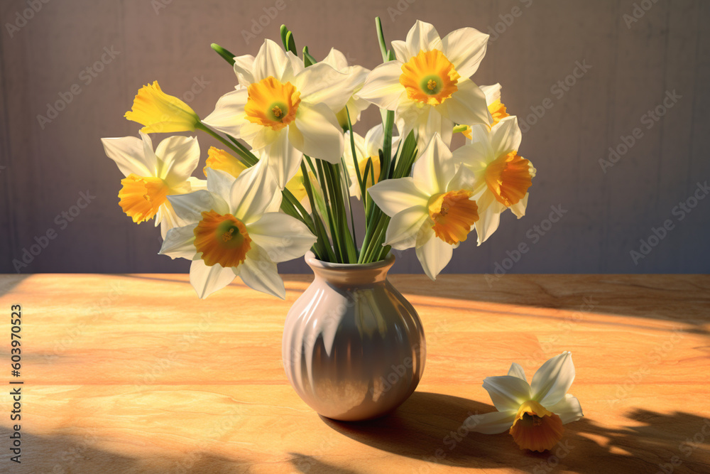 Poster a bouquet of daffodils, with their sunny yellow color representing joy and new beginnings. generativ