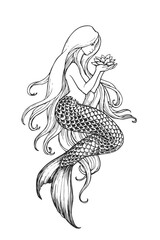 Vector hand-drawn illustration of a fantastic character in the style of engraving. A mermaid holds a lotus in her hands. A black and white Nixie sketch for a tattoo or a print on a T-shirt.