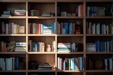 Bookshelf background. Wooden shelves with books. Education and literature concept. Generative ai.