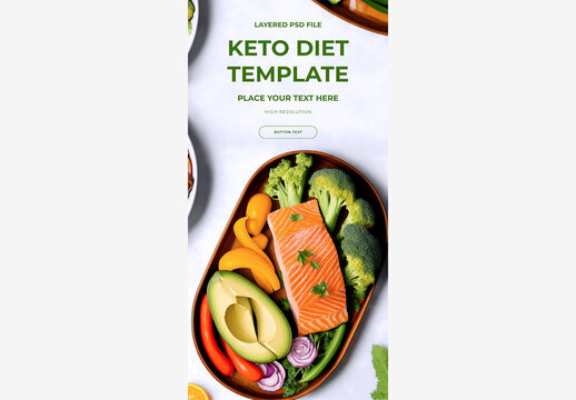 Healthy and Delicious Meal: Salmon, Broccoli, and Avocado with Assorted Vegetables, Nuts, Fruits, and Veggies on A Plate Keto Diet, No Carbs, Mockup, Template Generative AI