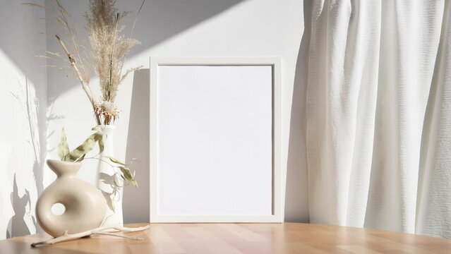 Video white photo frame mockup with beige vase on wooden table