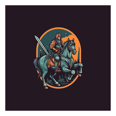 Knight on horse logo. Horseman with sword .Medieval armored swordsman on horseback .
