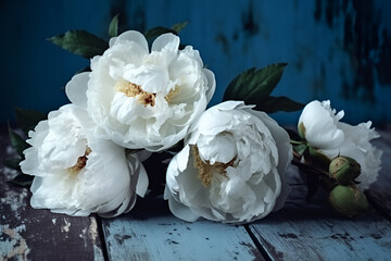 White peonies on the old blue background. Top view.Generation AI