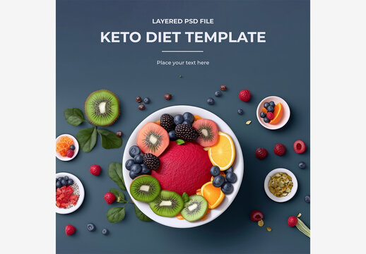 Colorful Fruit Bowl on Blue Surface with Black Background and Tablecloth - Kiwi, Oranges, and More for Fresh and Healthy Eating Keto Diet, Mockup, Template Generative AI