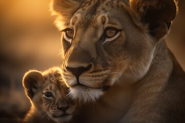 lion, animal, lioness, cat, wildlife, wild, predator, mammal, feline, nature, safari, carnivore, cub, zoo, hunter, big, face, portrait, fur, leo, young, head, big cat, mother love, generative, ai