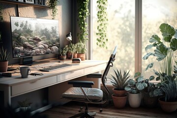 Ideal Home Office Setup: PC, Kojan Chair, Plants, Natural Light, High Resolution. AI
