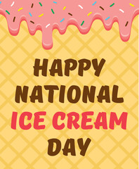 National Ice cream day. Vector illustration with background of waffles and pink glaze