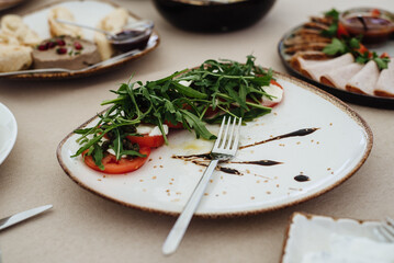 Italian caprese salad with chopped tomatoes, mozzarella cheese, arugula, olive oil. Served in a vintage ceramic plate.