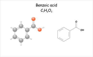 Stylized molecule model/structural formula of benzoic acid. Use as preservative for e.g.food, cosmetics and tobacco.