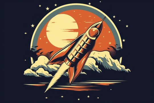 Old school rocket travels to a planet. Beautiful illustration picture. Generative AI