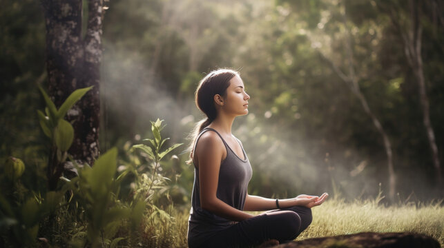 Woman meditating in the forest having spiritual awakening as illustration (Generative AI)