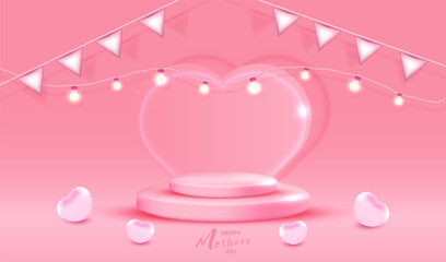 Mothers day holiday podium background with pink heart and lighting lamps for product presentation. Studio display concept. Vector valentine illustration. Love design.