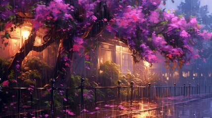 Realistic image of rain and purple flowers. Beautiful illustration picture. Generative AI