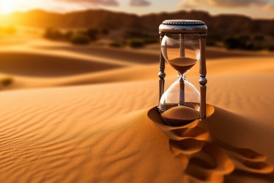 Sands of time. Clock in the desert. Beautiful illustration picture. Generative AI