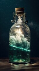 Stormy ocean in the glass bottle. Beautiful illustration picture. Generative AI