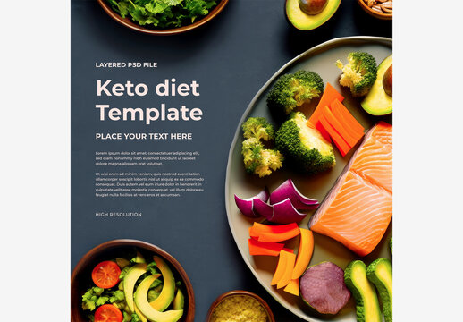 Healthy and Delicious Meal: Salmon, Broccoli, Carrots, Avocado and More on A Black Table with Rice and Broccoli Bowl - Stock Photo Keto Diet, Mockup, Template Generative AI